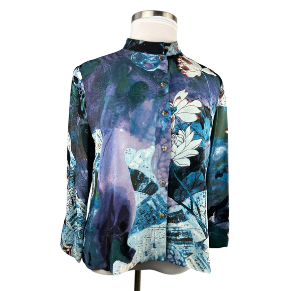 NWT CITRON Santa Monica 100% Silk Button Front Blouse Abstract Floral Size XL - Picture 7 of 16